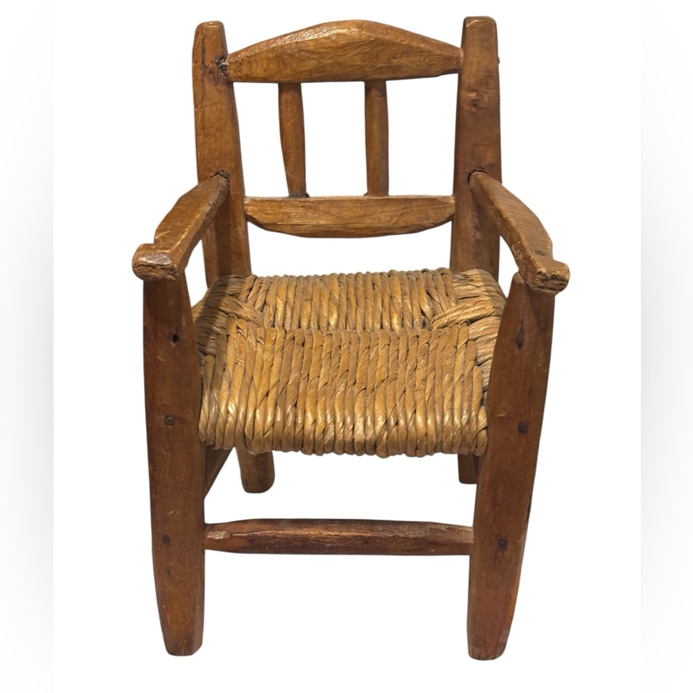Vintage Rustic Wooden Doll Chair with Woven Seat- Good condition